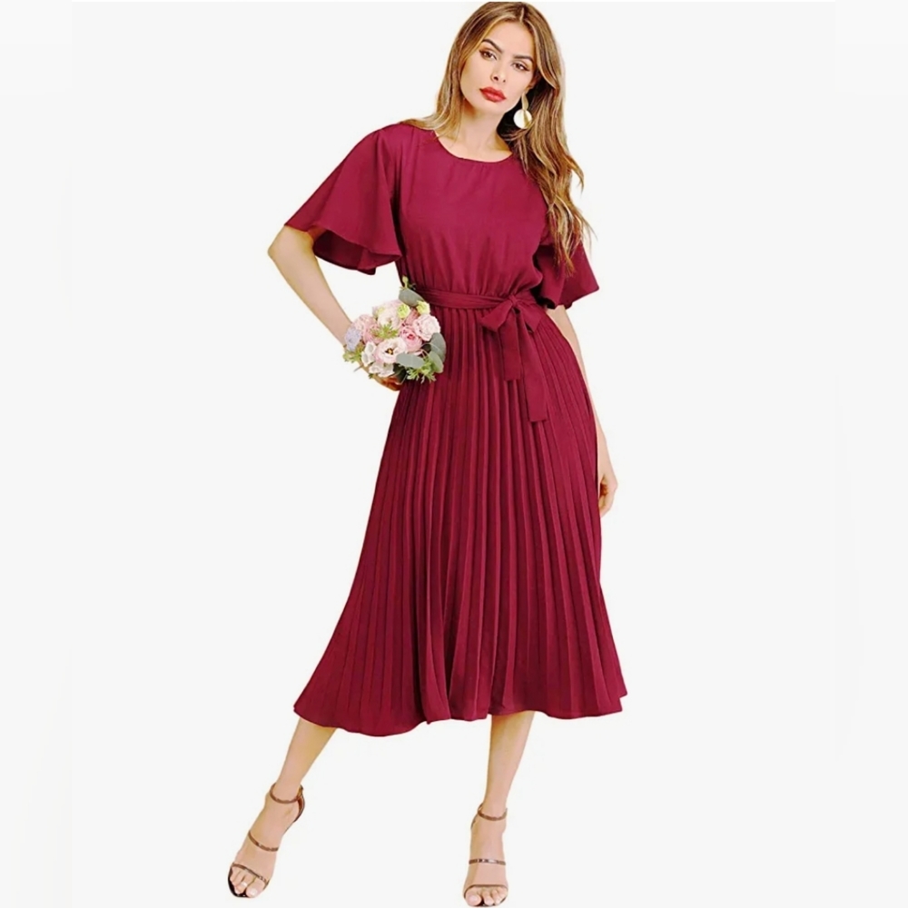 Women's Elegant Belted Pleated Flounce Sleeve Long Dress